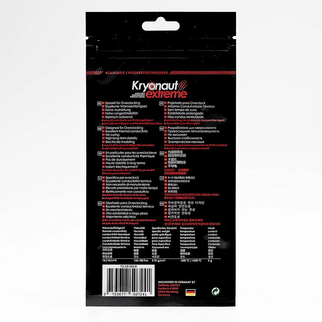 Thermal Grizzly Kryonaut Extreme Thermal Paste Packaging Back Thermal Grizzly Kryonaut Extreme Thermal Paste Packaging Back